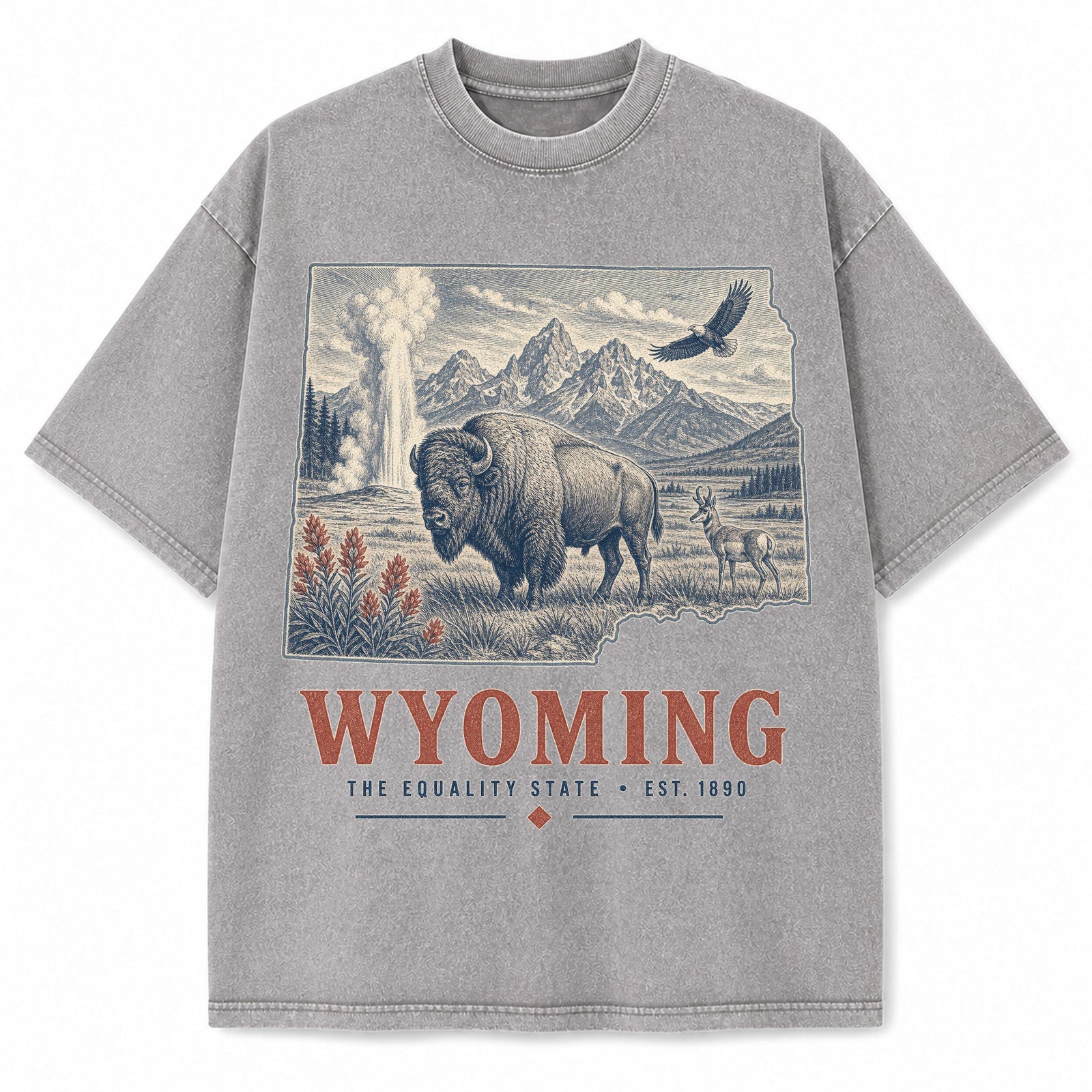Vintage Washed Wyoming Bison Graphic Tee in Light Gray, front view on a white background