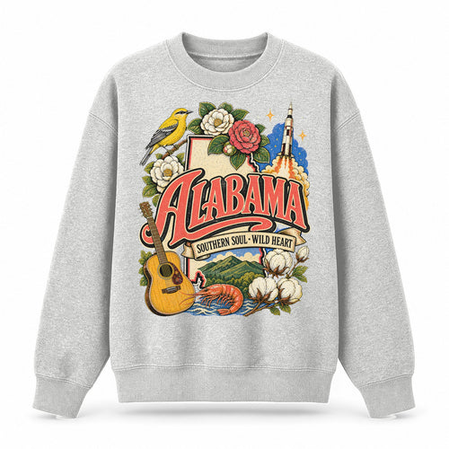Colorful Alabama State Collage Crewneck Sweatshirt in Light Gray, front view on a white background