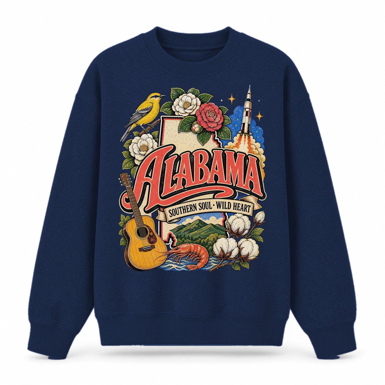 Colorful Alabama State Collage Crewneck Sweatshirt in Navy, front view on a white background