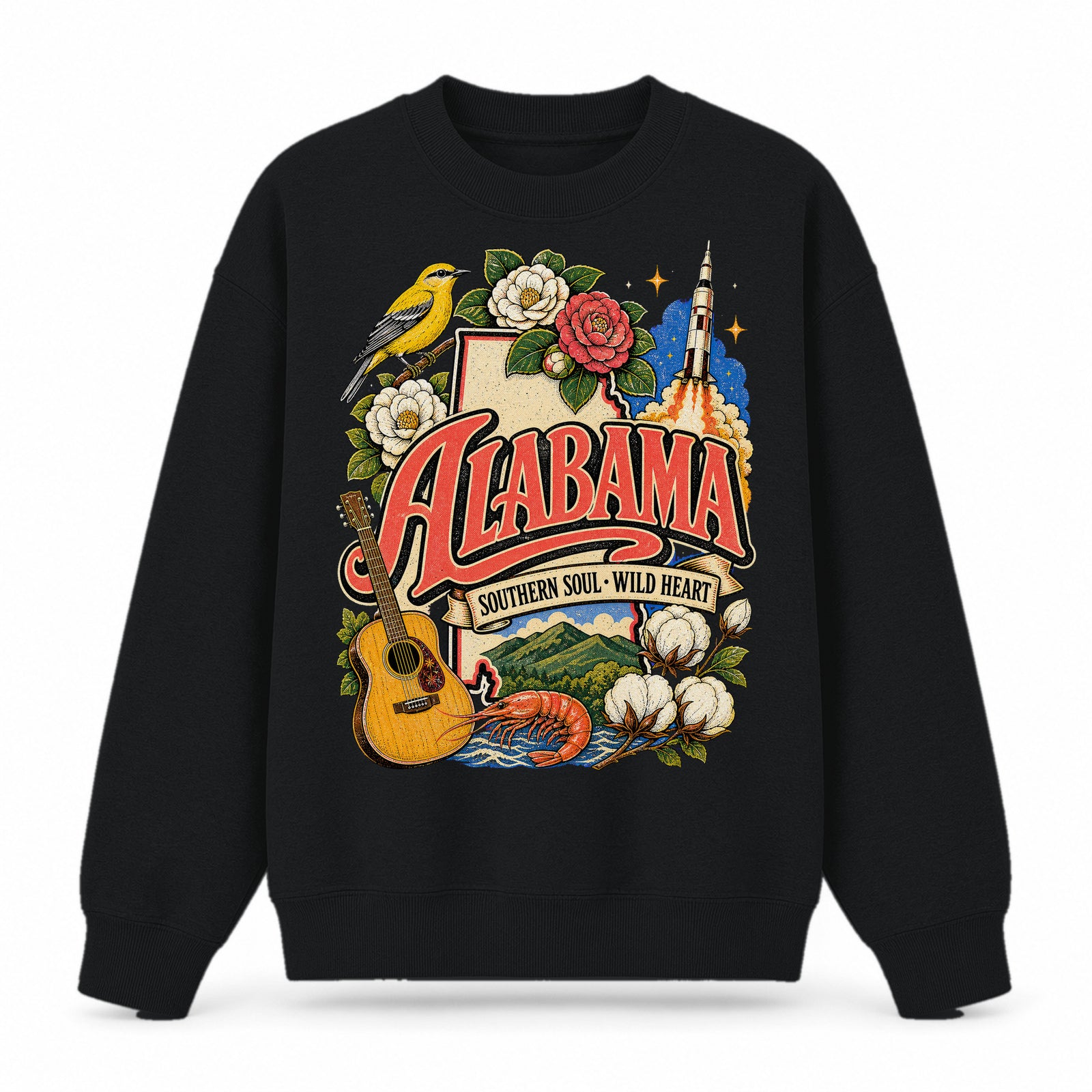 Colorful Alabama State Collage Crewneck Sweatshirt in Black, front view on a white background