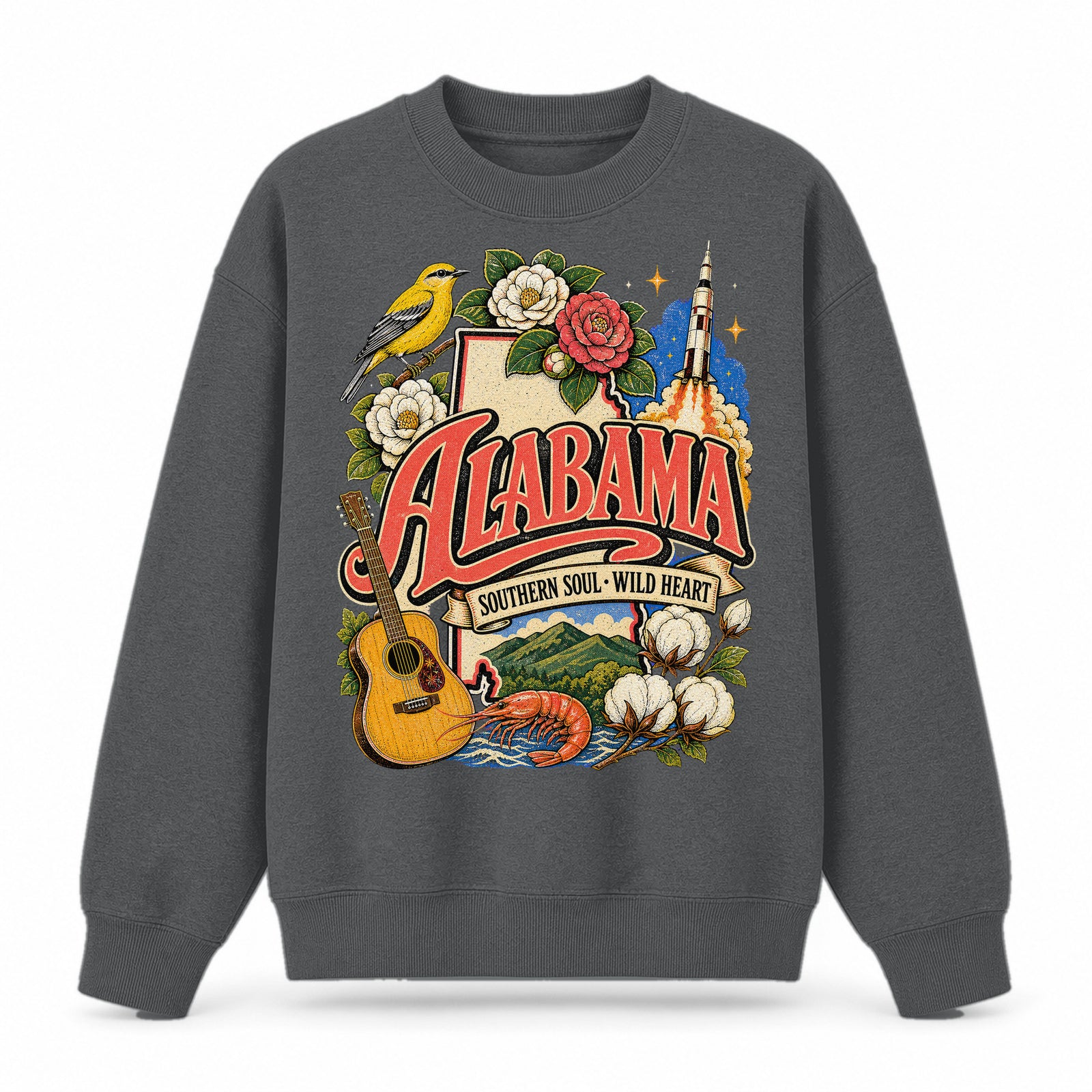 Colorful Alabama State Collage Crewneck Sweatshirt in Dark Gray, front view on a white background