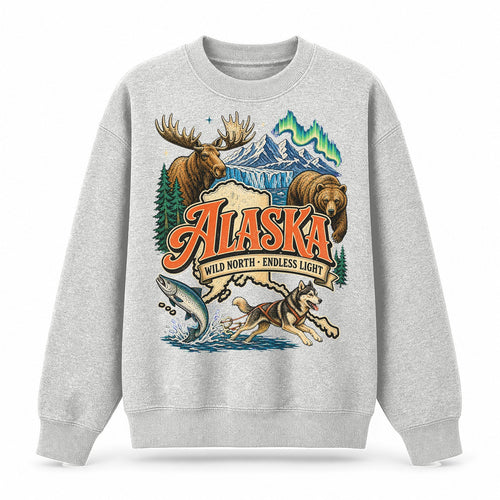 Colorful Alaska State Collage Crewneck Sweatshirt in Light Gray, front view on a white background