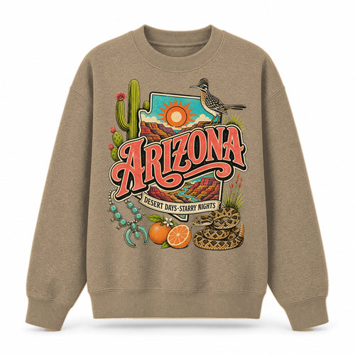 Colorful Arizona State Collage Crewneck Sweatshirt in Khaki, front view on a white background