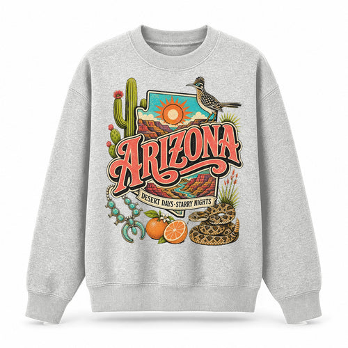 Colorful Arizona State Collage Crewneck Sweatshirt in Light Gray, front view on a white background