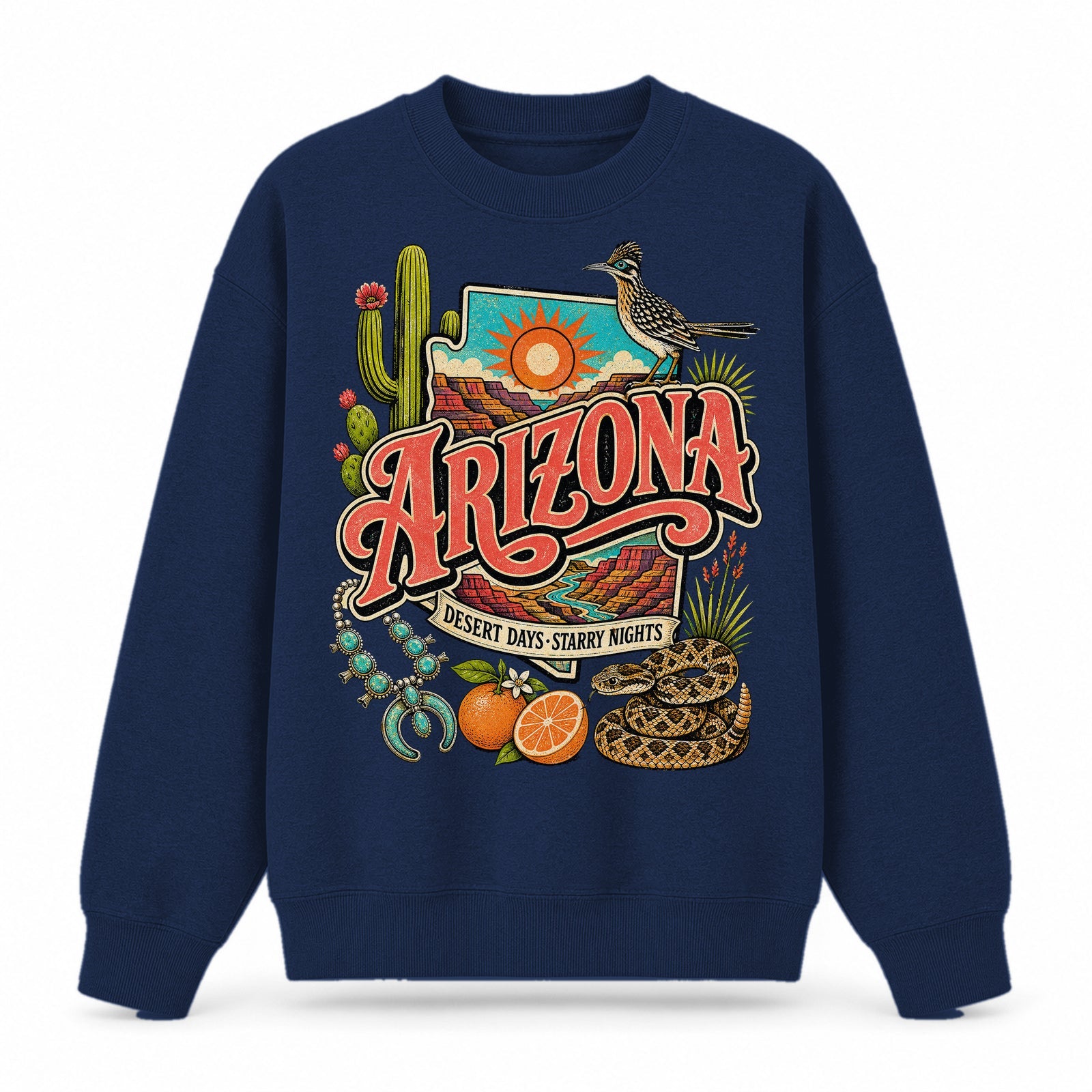 Colorful Arizona State Collage Crewneck Sweatshirt in Navy, front view on a white background