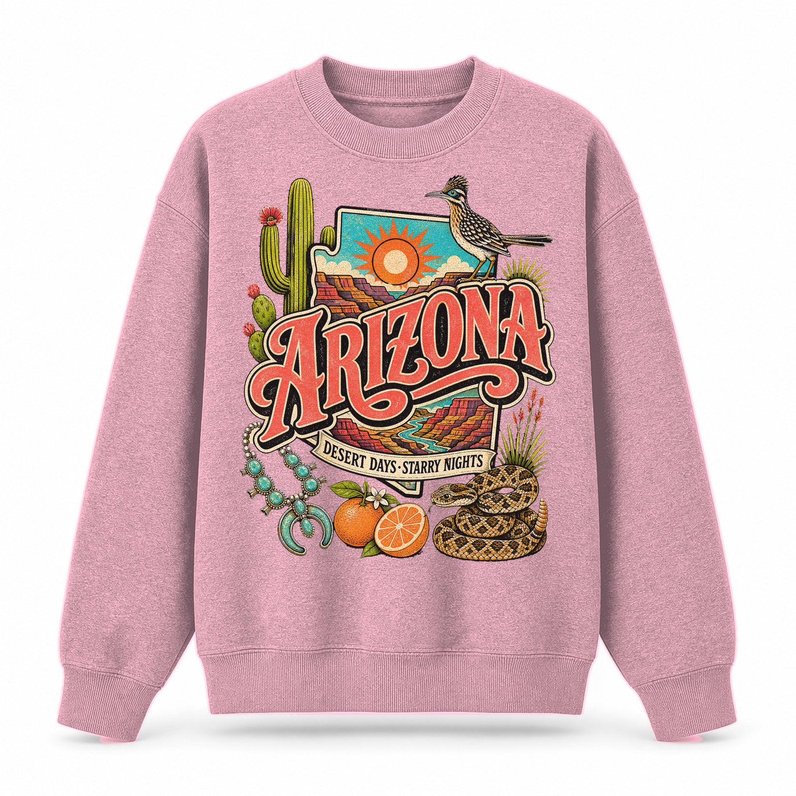 Colorful Arizona State Collage Crewneck Sweatshirt in Pink, front view on a white background