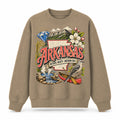 Colorful Arkansas State Collage Crewneck Sweatshirt in Khaki, front view on a white background