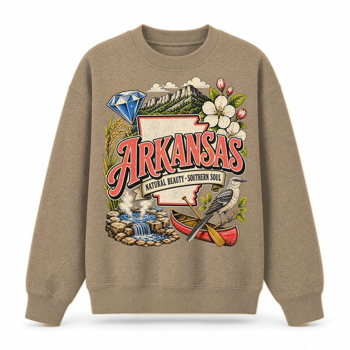 Colorful Arkansas State Collage Crewneck Sweatshirt in Khaki, front view on a white background