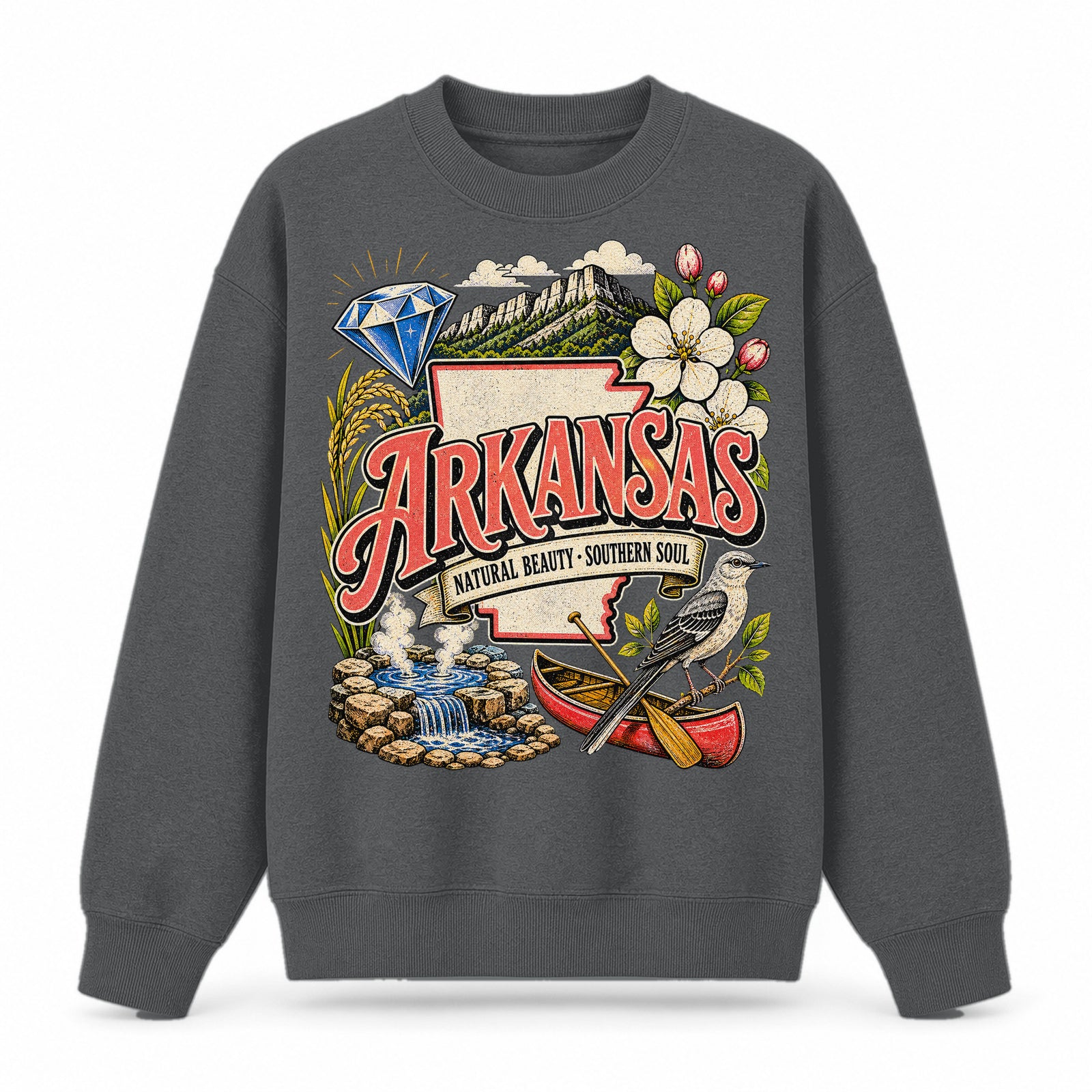 Colorful Arkansas State Collage Crewneck Sweatshirt in Dark Gray, front view on a white background