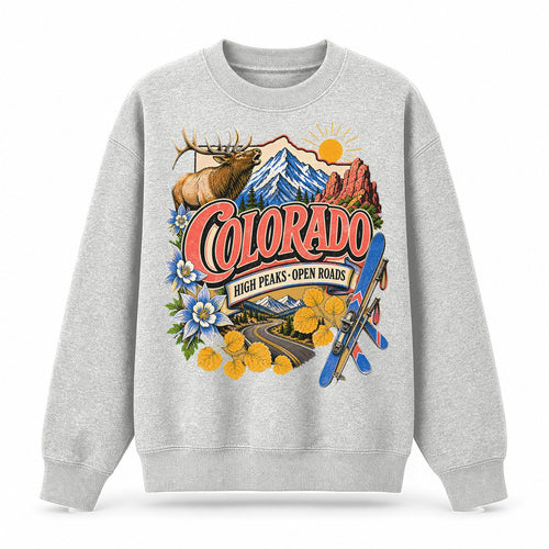 Colorful Colorado State Collage Crewneck Sweatshirt in Light Gray, front view on a white background