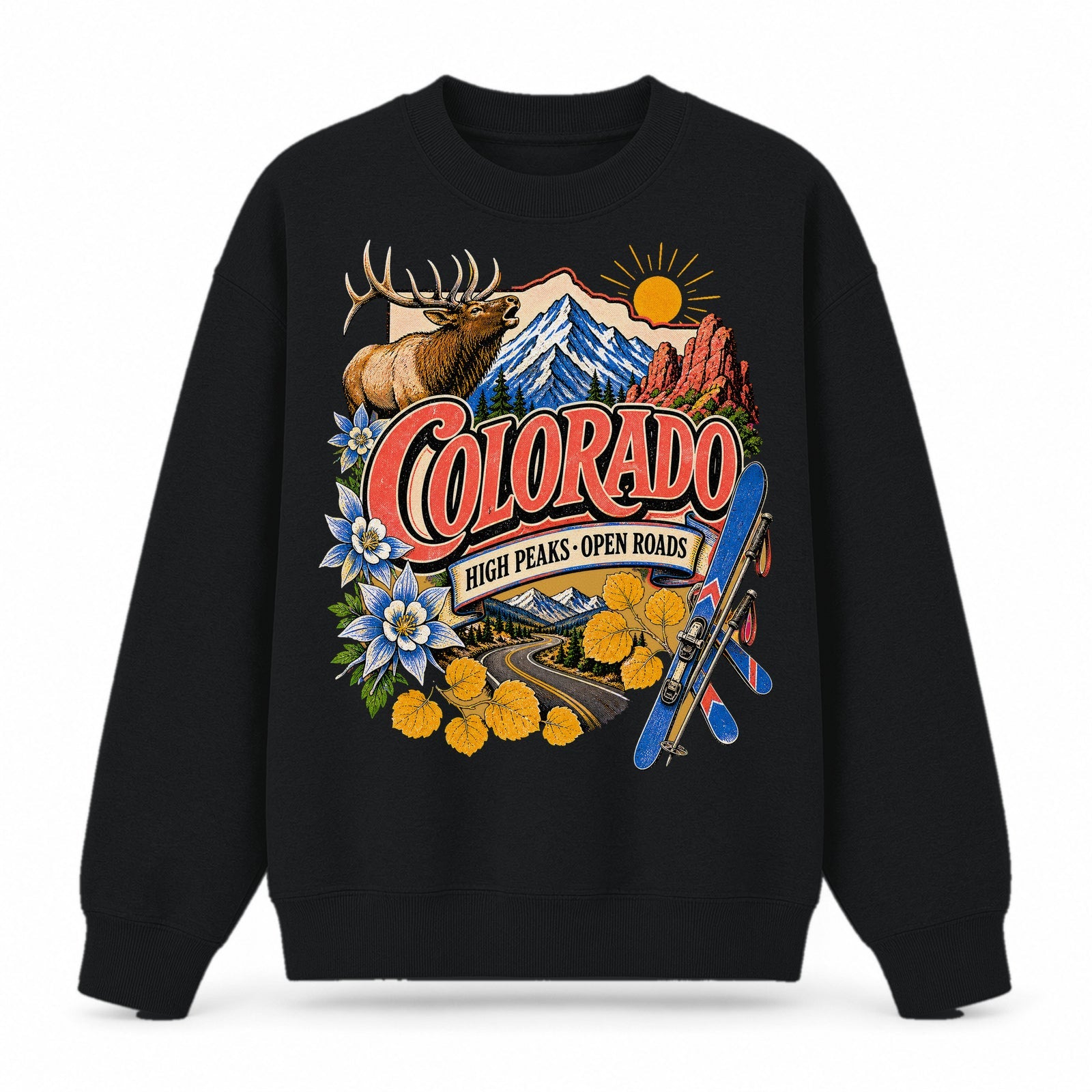 Colorful Colorado State Collage Crewneck Sweatshirt in Black, front view on a white background