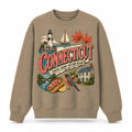 Colorful Connecticut State Collage Crewneck Sweatshirt in Khaki, front view on a white background