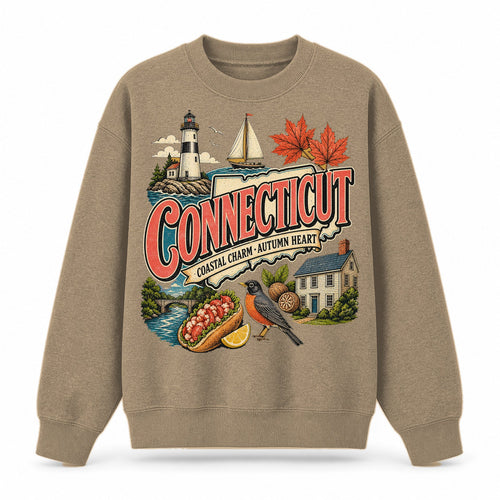 Colorful Connecticut State Collage Crewneck Sweatshirt in Khaki, front view on a white background