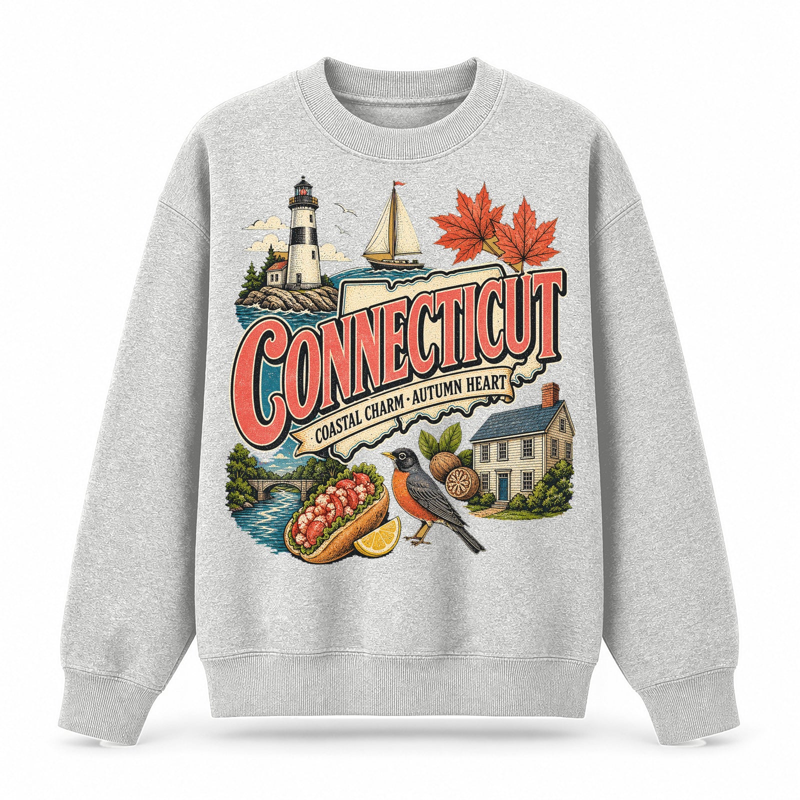 Colorful Connecticut State Collage Crewneck Sweatshirt in Light Gray, front view on a white background