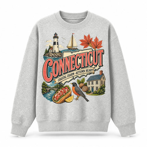 Colorful Connecticut State Collage Crewneck Sweatshirt in Light Gray, front view on a white background