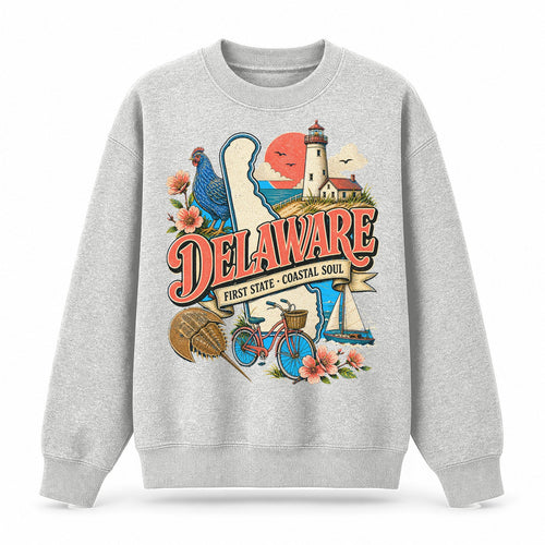 Colorful Delaware State Collage Crewneck Sweatshirt in Light Gray, front view on a white background