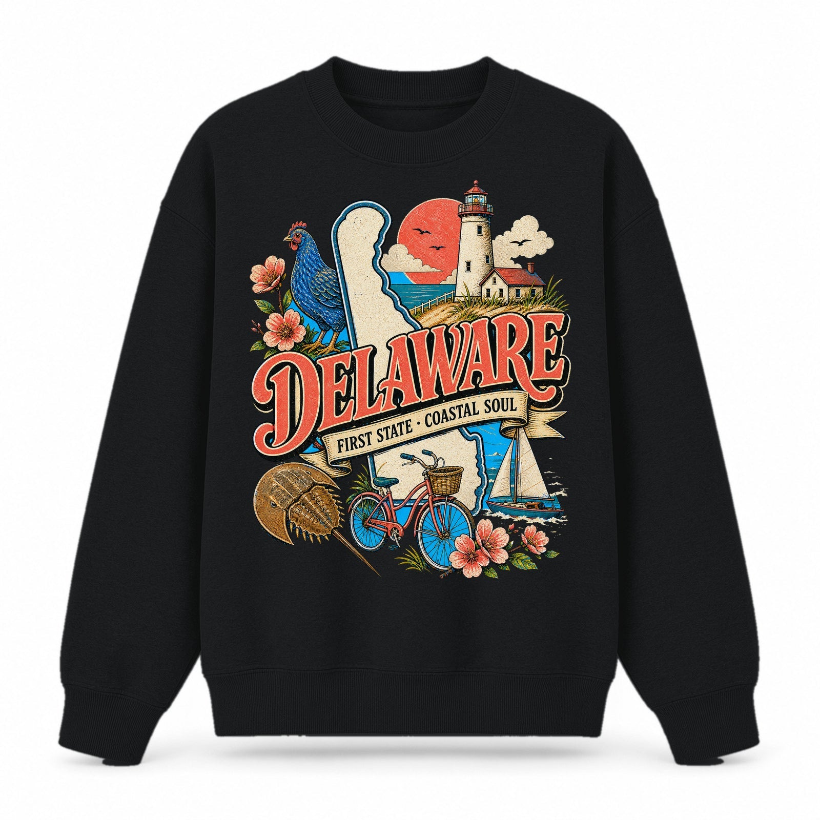Colorful Delaware State Collage Crewneck Sweatshirt in Black, front view on a white background