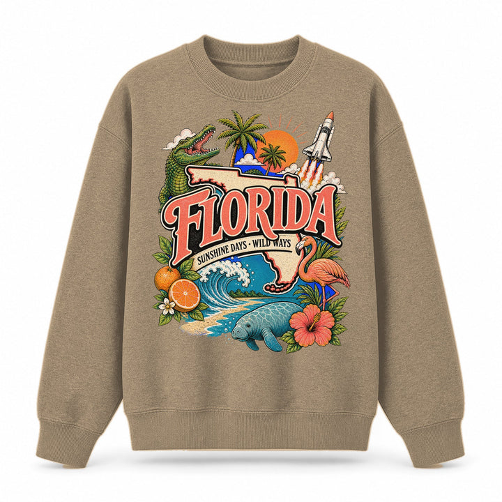 Colorful Florida State Collage Crewneck Sweatshirt in Khaki, front view on a white background