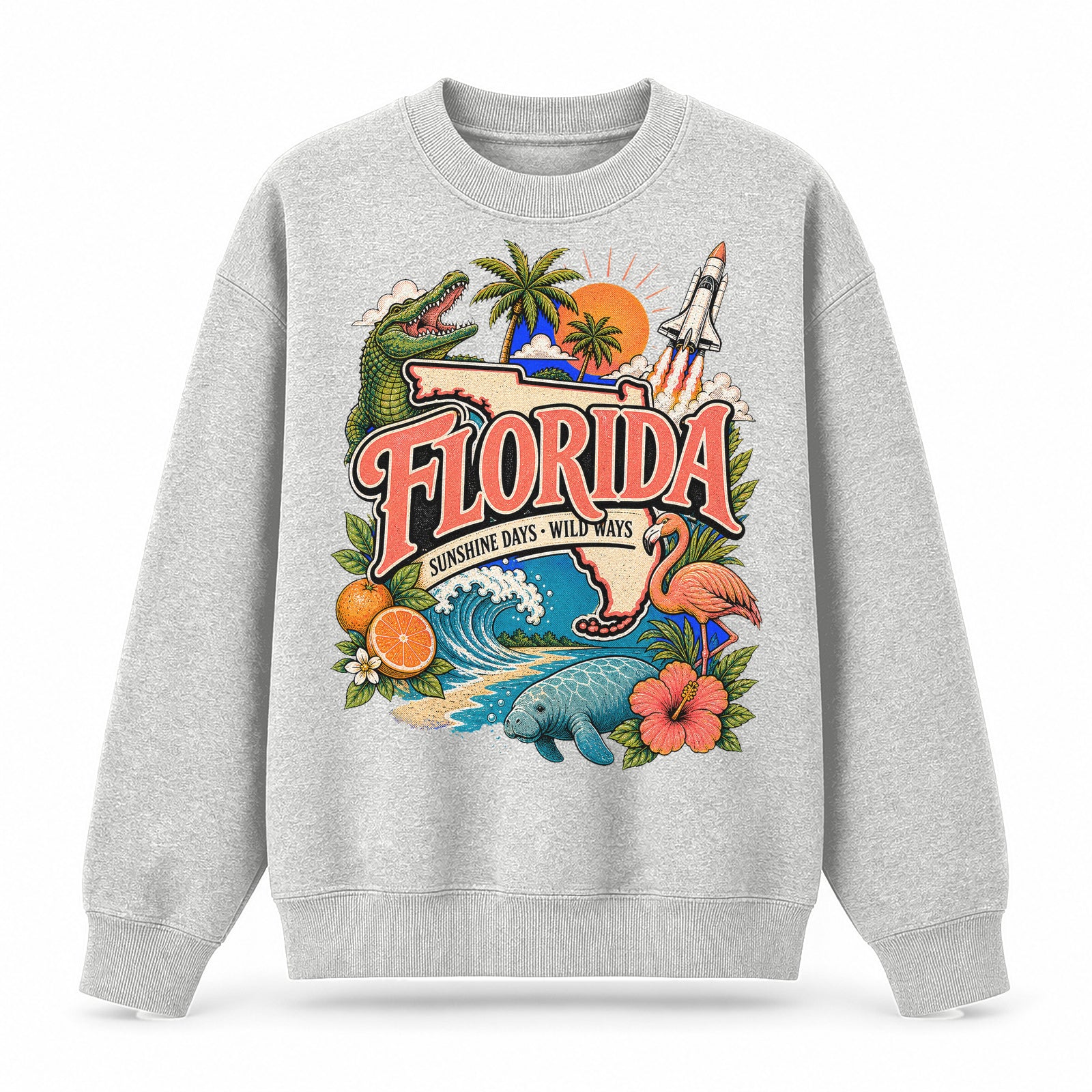 Colorful Florida State Collage Crewneck Sweatshirt in Light Gray, front view on a white background