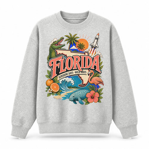 Colorful Florida State Collage Crewneck Sweatshirt in Light Gray, front view on a white background