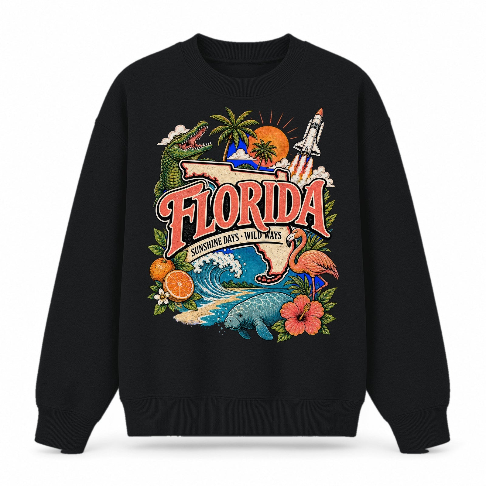 Colorful Florida State Collage Crewneck Sweatshirt in Black, front view on a white background