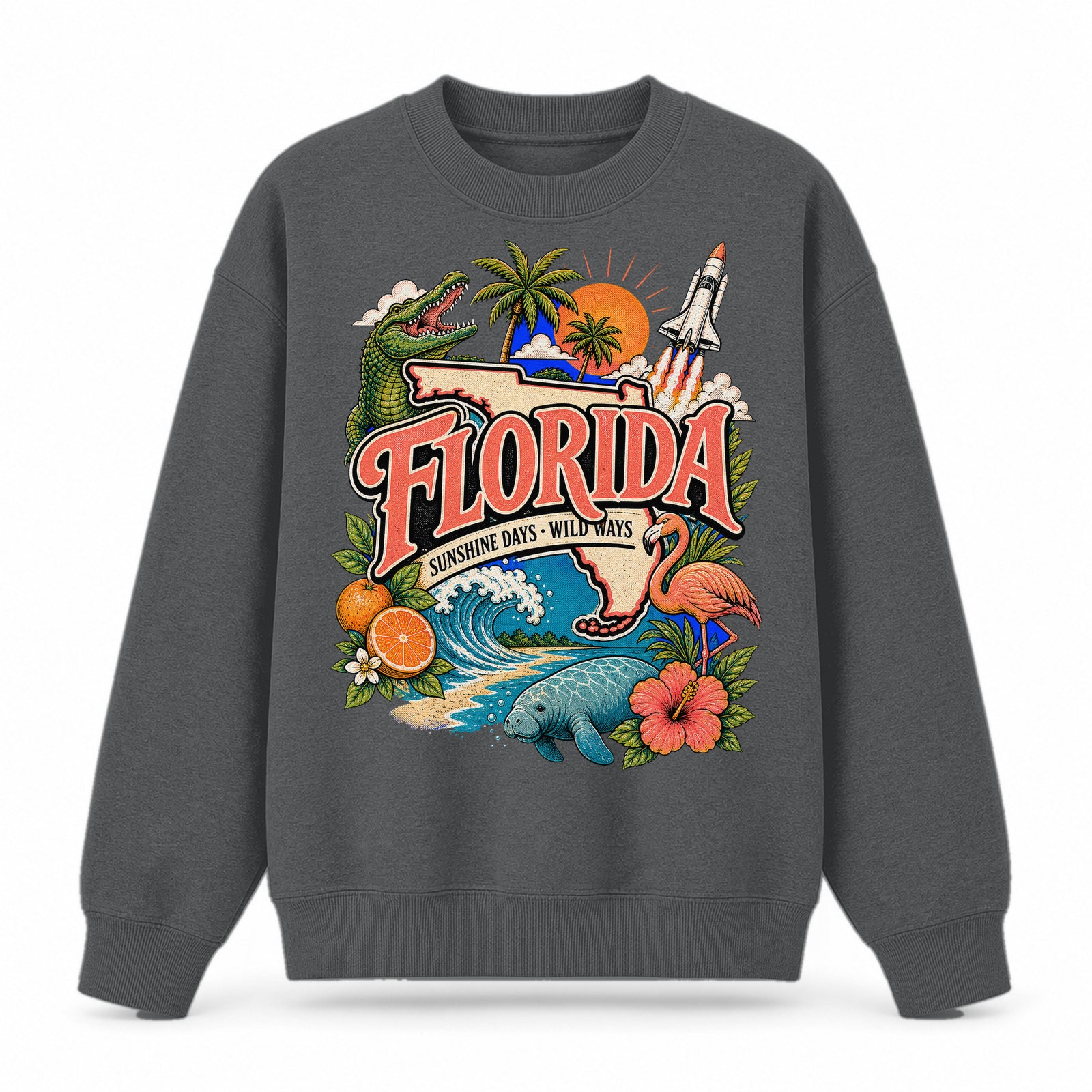Colorful Florida State Collage Crewneck Sweatshirt in Dark Gray, front view on a white background
