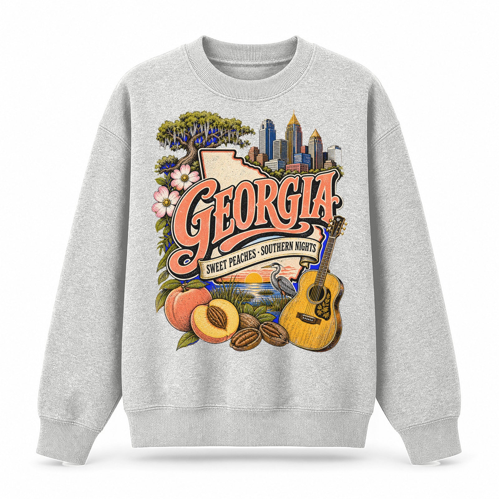 Colorful Georgia State Collage Crewneck Sweatshirt in Light Gray, front view on a white background