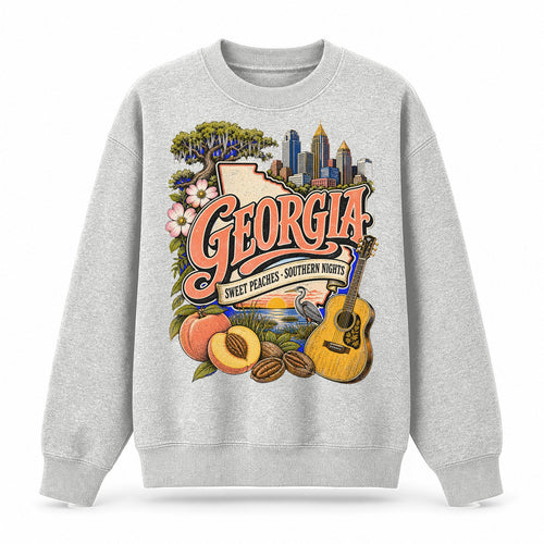 Colorful Georgia State Collage Crewneck Sweatshirt in Light Gray, front view on a white background