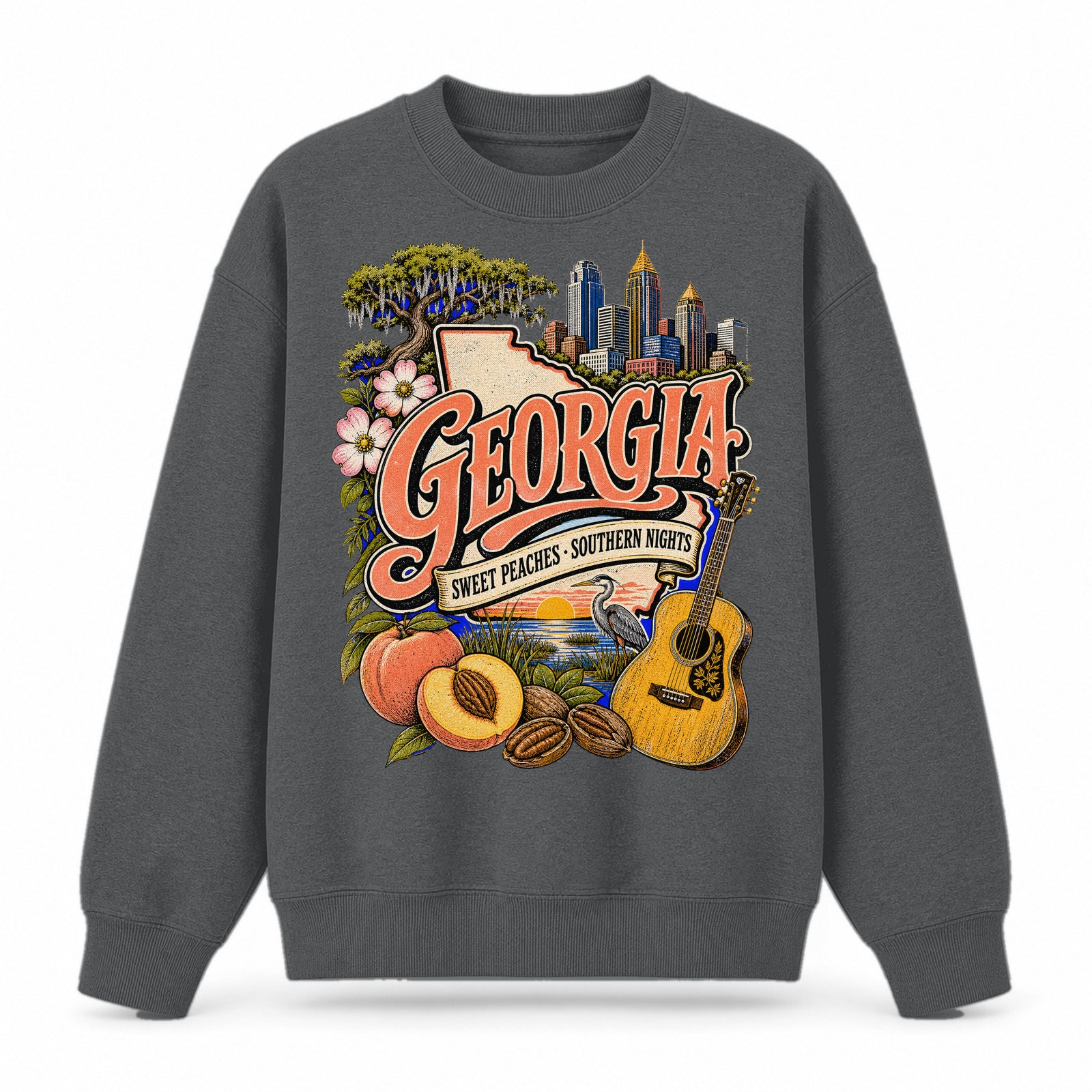 Colorful Georgia State Collage Crewneck Sweatshirt in Dark Gray, front view on a white background