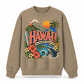 Colorful Hawaii State Collage Crewneck Sweatshirt in Khaki, front view on a white background
