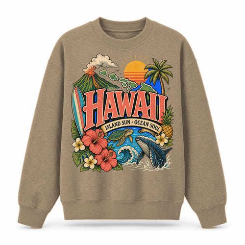 Colorful Hawaii State Collage Crewneck Sweatshirt in Khaki, front view on a white background