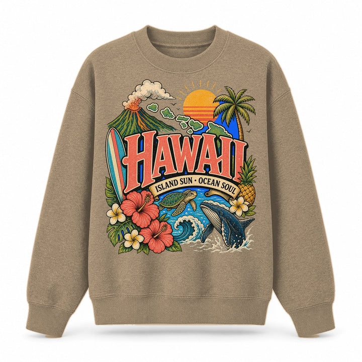 Colorful Hawaii State Collage Crewneck Sweatshirt in Khaki, front view on a white background
