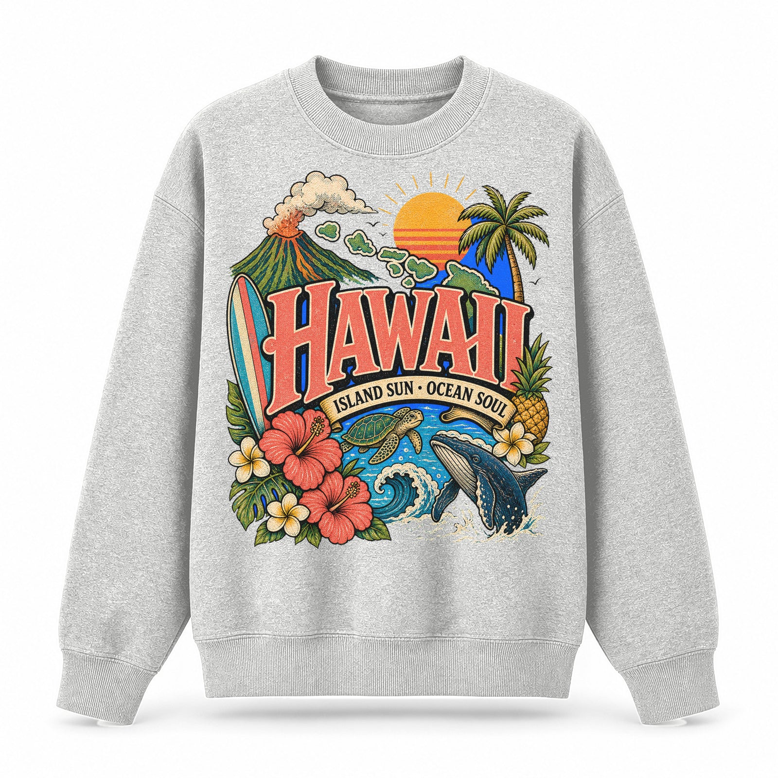 Colorful Hawaii State Collage Crewneck Sweatshirt in Light Gray, front view on a white background