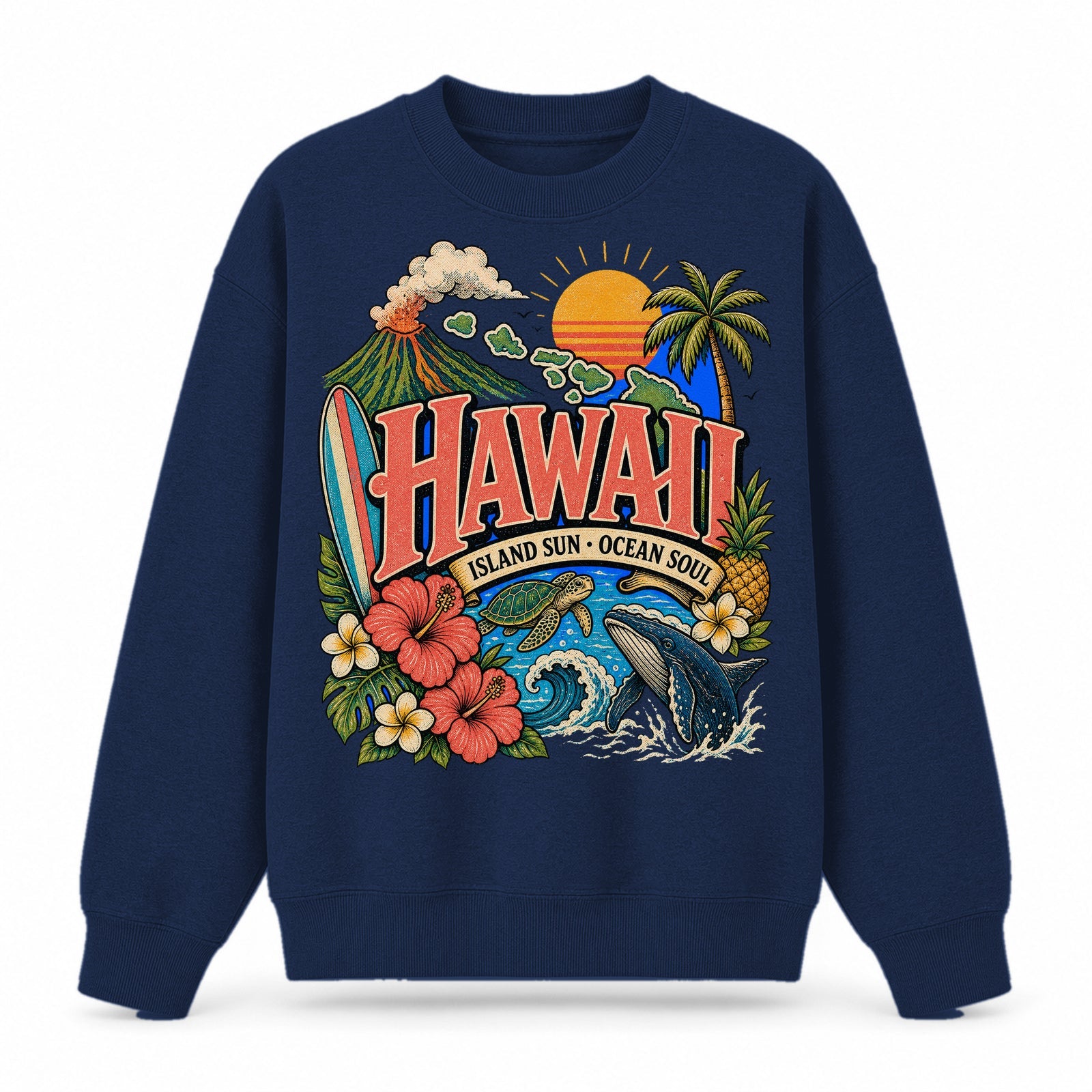Colorful Hawaii State Collage Crewneck Sweatshirt in Navy, front view on a white background