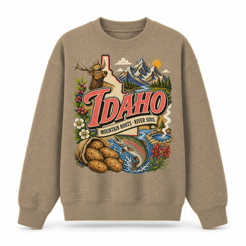 Colorful Idaho State Collage Crewneck Sweatshirt in Khaki, front view on a white background