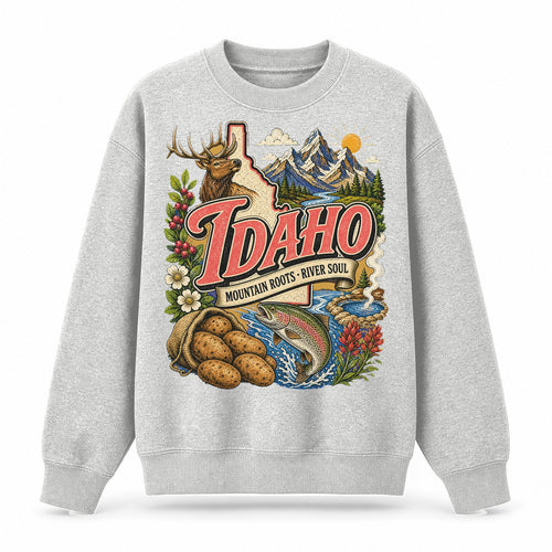 Colorful Idaho State Collage Crewneck Sweatshirt in Light Gray, front view on a white background