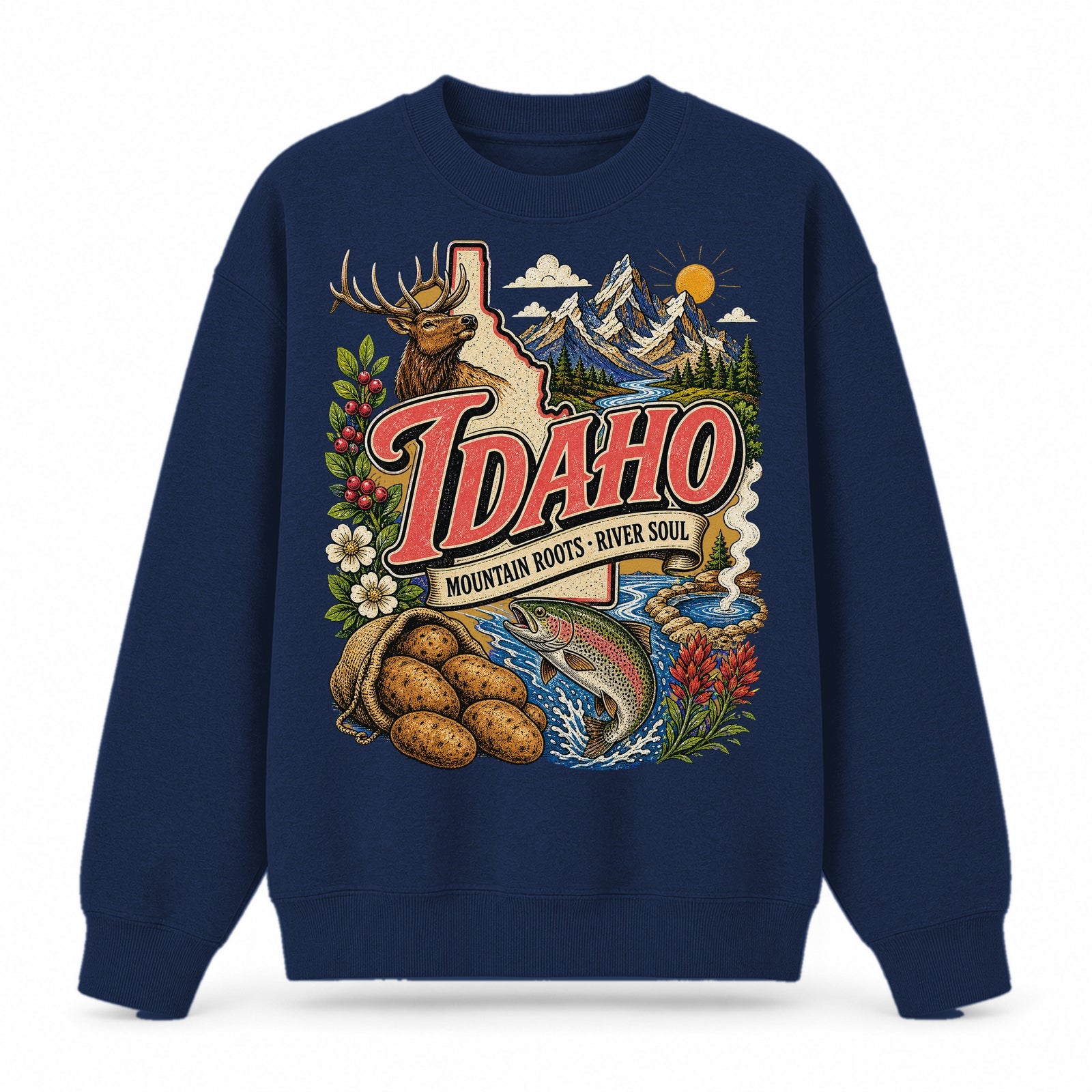 Colorful Idaho State Collage Crewneck Sweatshirt in Navy, front view on a white background