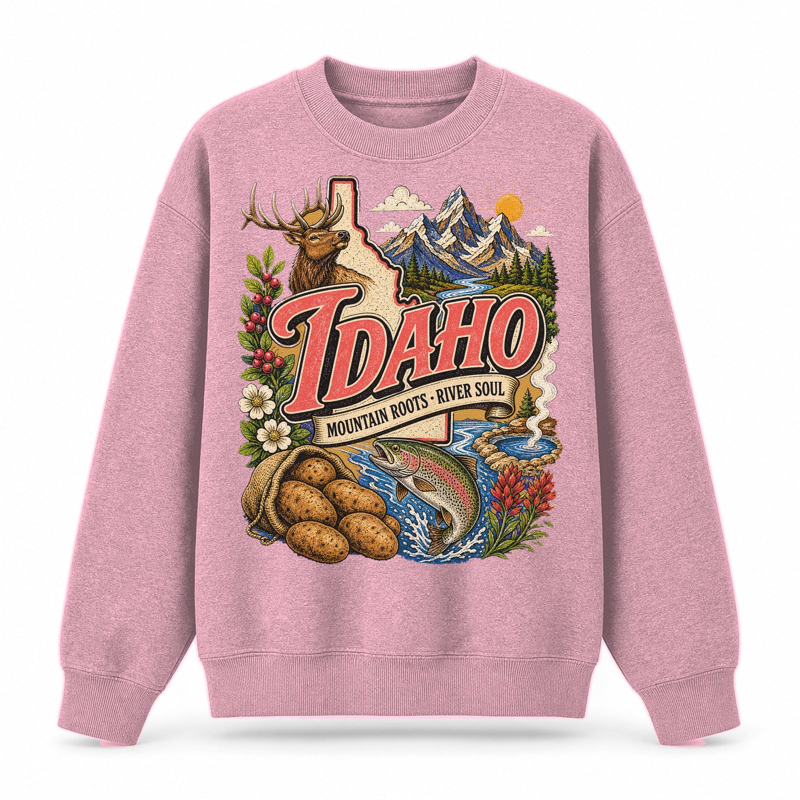 Colorful Idaho State Collage Crewneck Sweatshirt in Pink, front view on a white background