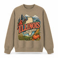 Colorful Illinois State Collage Crewneck Sweatshirt in Khaki, front view on a white background