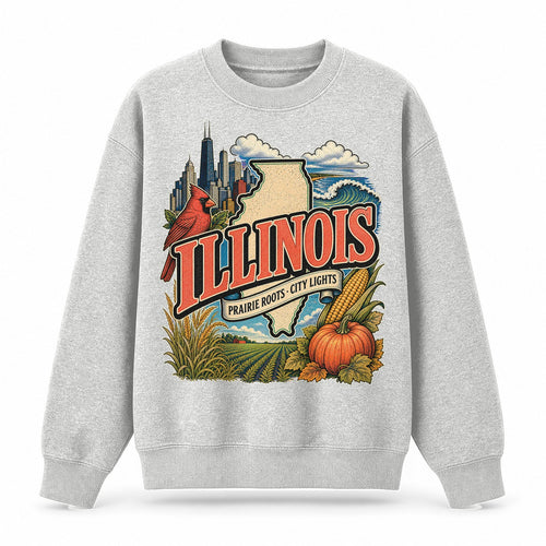 Colorful Illinois State Collage Crewneck Sweatshirt in Light Gray, front view on a white background