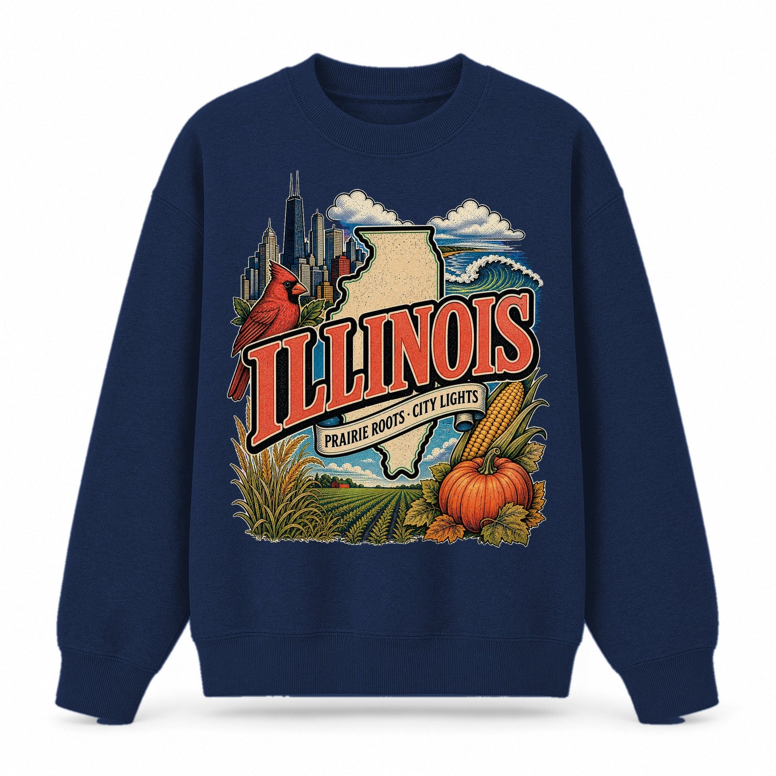 Colorful Illinois State Collage Crewneck Sweatshirt in Navy, front view on a white background