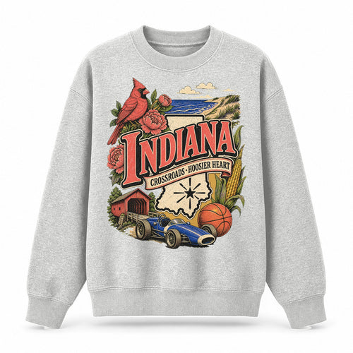 Colorful Indiana State Collage Crewneck Sweatshirt in Light Gray, front view on a white background