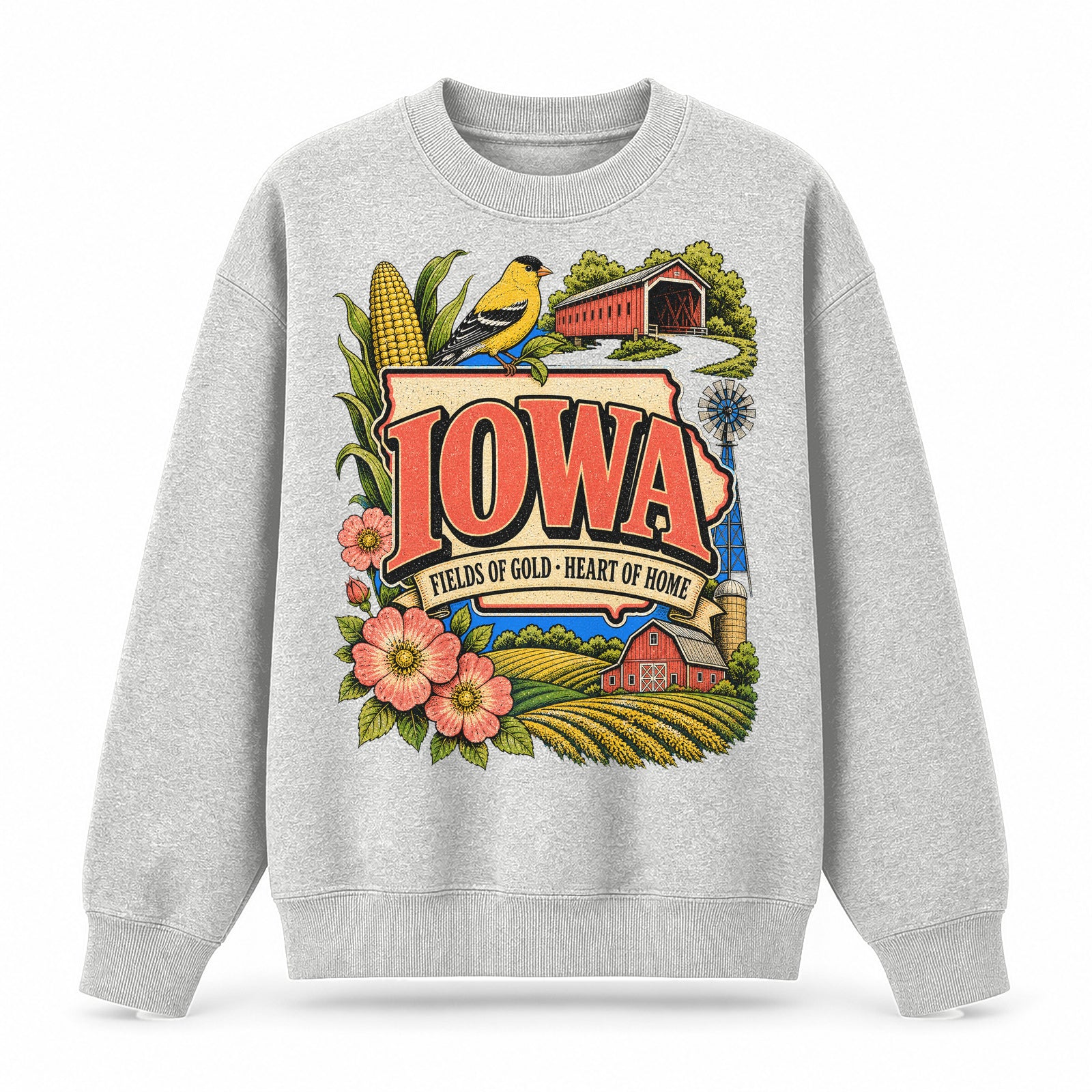 Colorful Iowa State Collage Crewneck Sweatshirt in Light Gray, front view on a white background