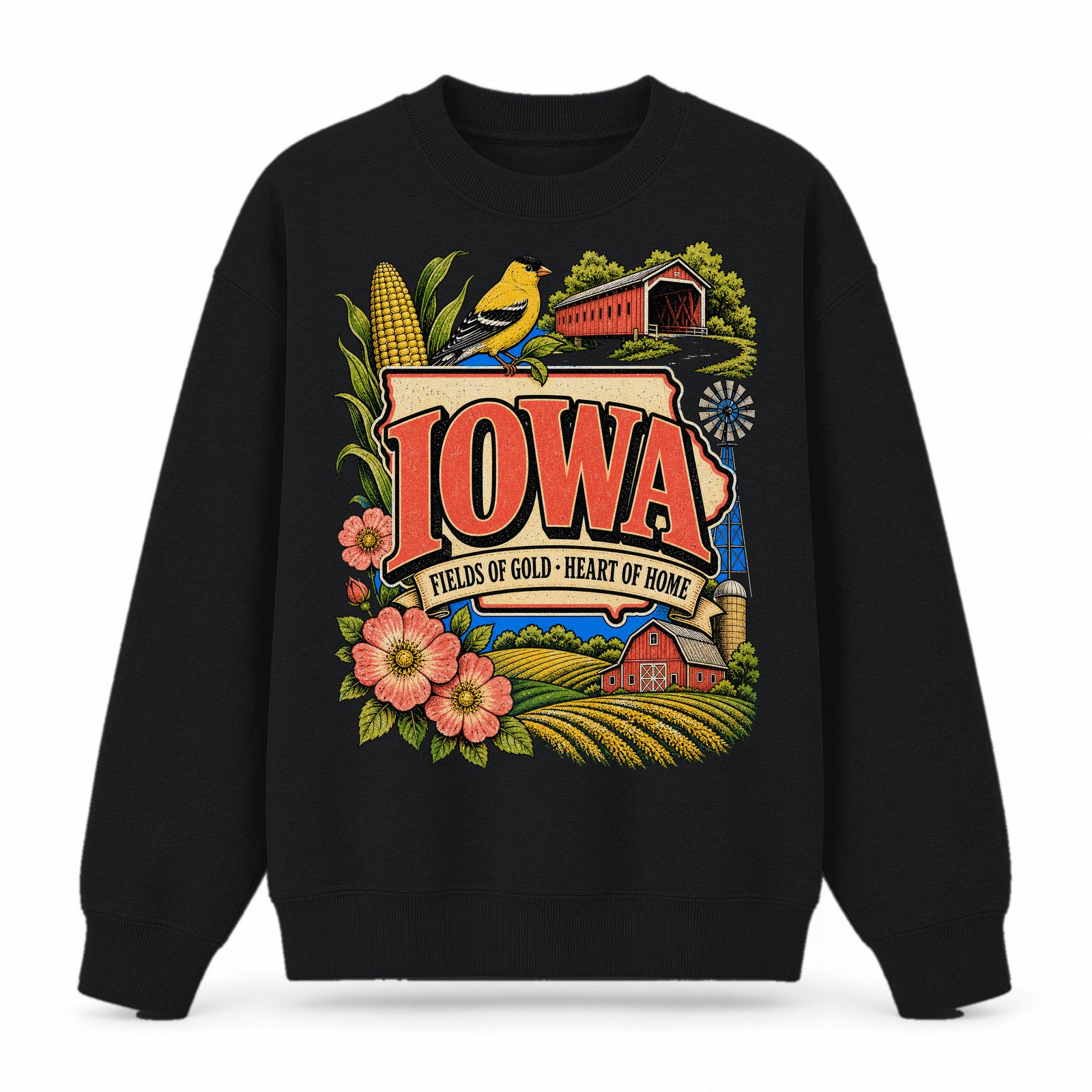 Colorful Iowa State Collage Crewneck Sweatshirt in Black, front view on a white background