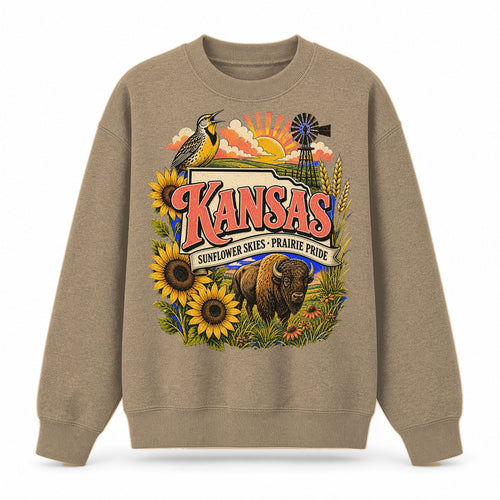 Colorful Kansas State Collage Crewneck Sweatshirt in Khaki, front view on a white background