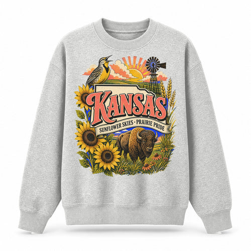Colorful Kansas State Collage Crewneck Sweatshirt in Light Gray, front view on a white background
