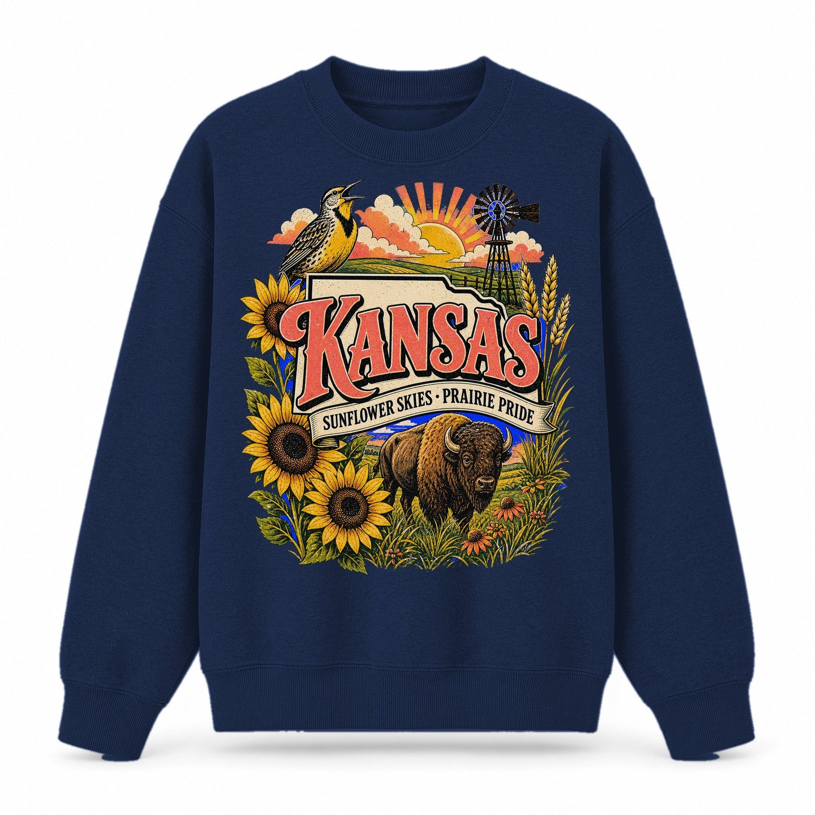 Colorful Kansas State Collage Crewneck Sweatshirt in Navy, front view on a white background
