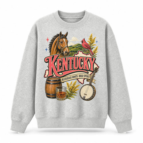 Colorful Kentucky State Collage Crewneck Sweatshirt in Light Gray, front view on a white background