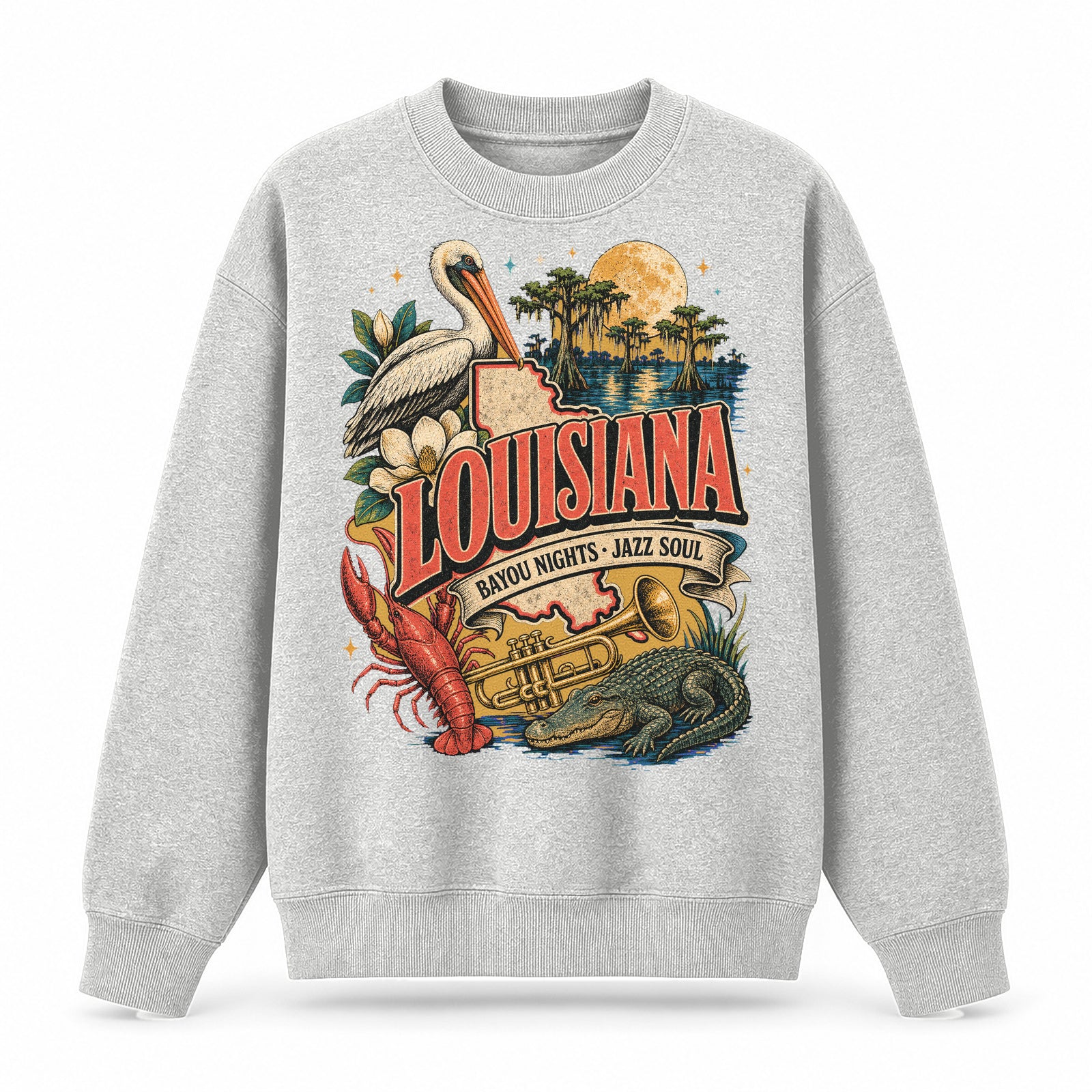 Colorful Louisiana State Collage Crewneck Sweatshirt in Light Gray, front view on a white background