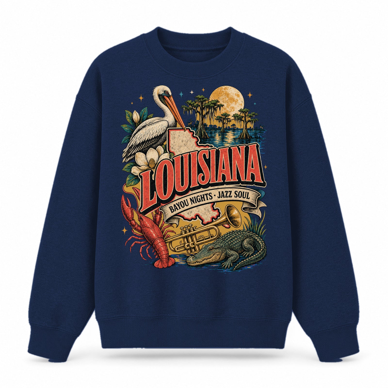 Colorful Louisiana State Collage Crewneck Sweatshirt in Navy, front view on a white background